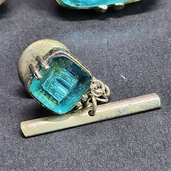 Vintage Swank Cufflinks Arc De Triomphe Aqua Blue Silver-tone SET - Picture 4 of 11